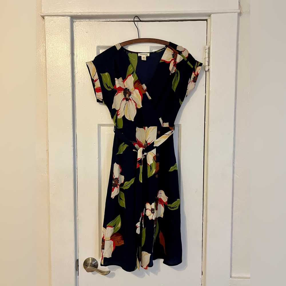 Navy Blue Short Sleeve V Neck Dress Faux Wrap S